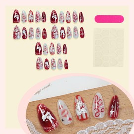 30Pcs Butterfly Cartoon Rabbit Press on Nails Medium Almond Fake Nails with Rhinestone Pearl Design Heart Red Lips False Fingernails Cute Stick on Nails Spring Handmade Nails for Women DIY