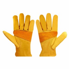 EXXO - Cowhide Yellow Leather Work Gloves for Men & Women | Leather Palm Patch for Extra Protection | Cut Resistant, Safety Work Gloves | Ideal for Construction, Farming, Gardening & Maintenance