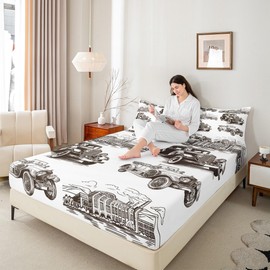 Manfei Retro Car Kids Fitted Sheet Twin Size, Vintage Train Trailer Bed Cover with 1 Pillowcase, Steam Locomotive Bedding Set for Boys Girls Adults Bedroom Decor, Soft Polyester Bedding