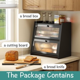 viewcare Bread Box for Kitchen Counter, Black Bread Box With Cutting Board, Bamboo Wood Large Capacity Bread Storage Bin with Acrylic Wavy Door Panel