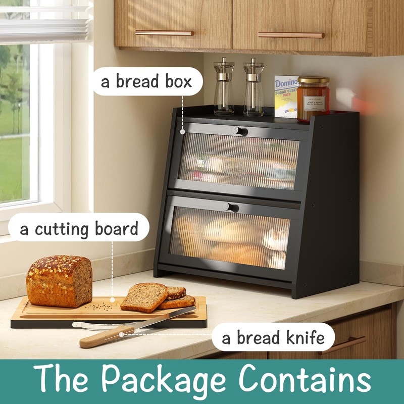 viewcare Bread Box for Kitchen Counter, Black Bread Box With
