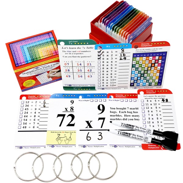 Think2Master Premium 215 Laminated Multiplication Flash Cards. (All 0-12 X facts)| Learn More Than Multiplication.| BONUS: 2 Dry Erase Markers & 5 Rings. | Designed By A Teacher to Improve Test Scores