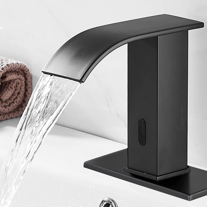 YCCUZA Automatic Touchless Bathroom Sink Faucet Black Waterfall AC/DC Powered
