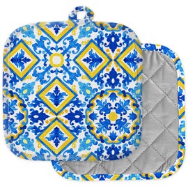 [Pack of 2] Pot Holders for Kitchen, Washable Heat Resistant Pot Holders, Hot Pads, Trivet for Cooking and Baking (Portuguese Azulejo Tiles Watercolor)