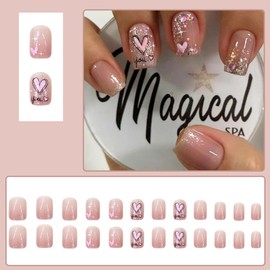 Heart Press on Nails Short Square Valentines Day Fake Nails Glossy Designs Nude False Nails with Glitter Pink Heart Nails Design Full Cover Glue on Nails for Women Acrylic Manicure Decoration 24Pcs