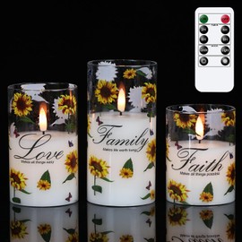 Eldnacele Glass Flameless Candles with Remote and Timer, Battery Operated 3D Wick Flickering Sunflower Decals LED Pillar Candles 3 Pack for Dinner Wedding Spring Holiday Decor (D3×H4/5"/6")
