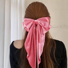 Pink Velvet Large Hair Bow Long Tail Bowknot Hair Barrette Clip 8.26 Inch Women Girls Fall Winter Ponytail Holder Hair Accessories