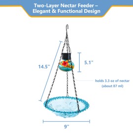 Solar Hummingbird Feeder - Outdoor Hanging Bird Food Feeder with Illuminated Lantern, Garden Patio Decor, Hand Blown Glass, 3.3 fl.oz, Set of 1