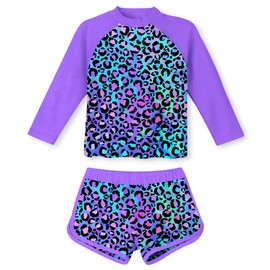 ACOCOPY Rash Guard Sets for Girls Long Sleeve Purple Leopard Swimsuits Quick Dry Two Piece Hawaii Bathing Suits Size 5-6