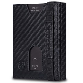 VON HEESEN Slim Wallet with RFID Protection - Card Case for Men and Women - Mini Leather Wallet - Small Wallet - Wallet, Black carbon, With coin compartment