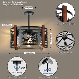 Monyohame Farmhouse Rustic Deer Ceiling Light Fixtures, 4-Light Round E26 Base Black Metal Wooden Fixture for Kitchen, Living Room, Foyer, Bedroom, Hallway-‎16.5" L* 16.5" W * 11.8" H