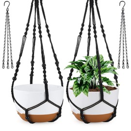 Dovesail 10 Inch Hanging Planter, 2 Pack Hanging Plant Self Watering Pot with Drainage Holes & Saucers, Hanging Baskets Flower Pots with Black Macrame Rope Hangers for Garden Home -White
