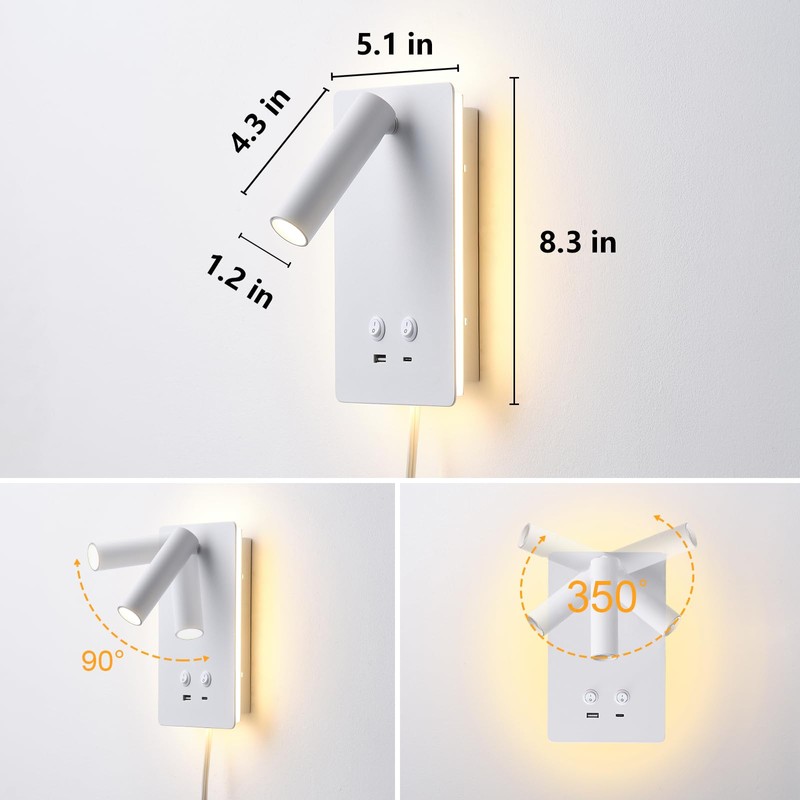 Dimmable Wall Mounted Reading Light for Bed, LED Wall Lamps