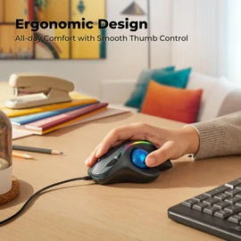 PORLEI Wired Trackball Mouse with RGB Lighting, Ergonomic Thumb Control to Reduce Muscle Strain, 5 Adjustable DPI, Dual USB-C & USB-A Connectivity, Compatible with PC, Laptop, Mac, Windows-Blue
