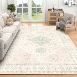 MUJOO 5x7 Area Rugs Washable,Boho Rug for Living Room Bedroom Dining Room Office,Large Throw Carpet,Non Slip Big Soft Indoor Low Pile Light Pink and Green
