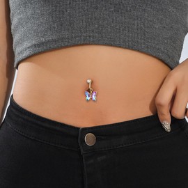 Niaspi Colorful Butterfly Fake Belly Button Ring for Women 18K Gold Plated Stainless Steel Non Piercing Clip On Belly Navel Ring Dainty Fake Belly Jewelry, Stainless Steel, cubic zirconia