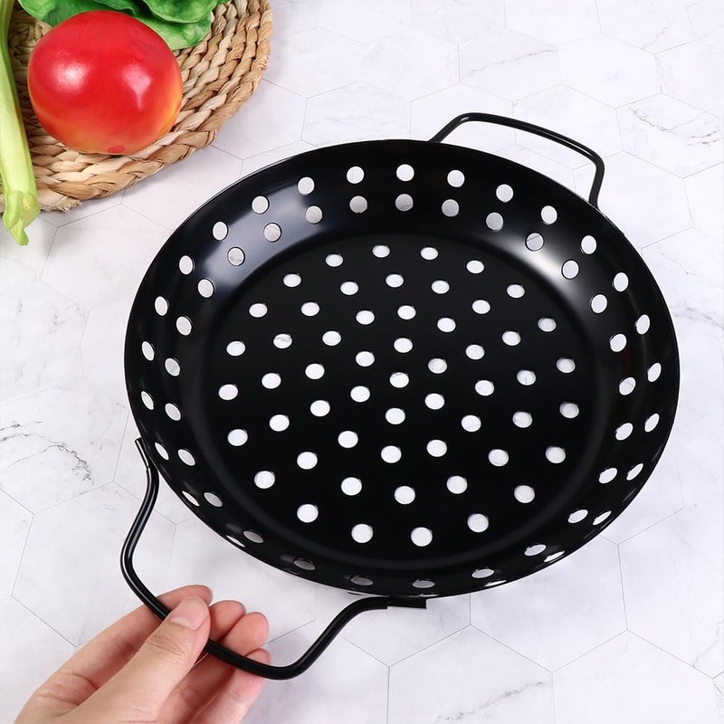 Round Grill Wok with Handle,Carbon Steel Grill Pan With Holes,Non-Stick
