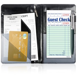 GREEN LIFESTYLE Server Book for Waiter - Leather Black, Server books for Waitress, Organizer with Zipper and Pen Holder - Waiter Holder for Cards, Receipt, Cash and Bills