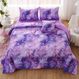 JQinHome Queen Gradient Galaxy Comforter Set for Girls,6 Piece Bed in A Bag 3D Colorful Tie Dye Constellation Print Ombre Bedding Set with Pillowcase, Flat & Fitted Sheet,Cushion Cover (Purple)
