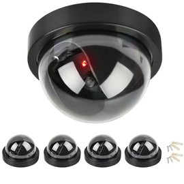 TIMESETL 4PCS Dummy Camera, Hemisphere Dome Camera Fake Security Camera with Flashing Red Light with Security Alert Sticker Decals, Fake Outdoor Camera for Home Security