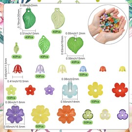 SUNNYCLUE 1 Box 500Pcs Acrylic Flower Beads Kit Flowers and Leaves Beads Set Cute Green Leaf Colorful Floral Blossom Caps Spring Themed Spacer for Jewelry Making DIY Necklace Bracelet Crafts Women