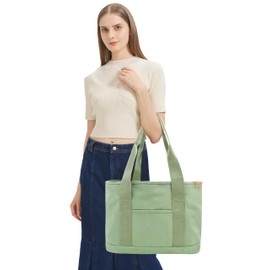 Canvas Tote Bag Casual Multi pockets Handbags Large Capacity Shopping Shoulder Bag with Laptop Layer Work Purses green L
