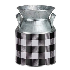 GiftWrap Etc. Buffalo Plaid Metallic Milk Jug - 5" Diameter, 7" Tall, Farmhouse Kitchen, Black & White Gingham, Christmas, Handles, Metal Decor, Flower Pot, Garden Decor, Festive Succulent Pot