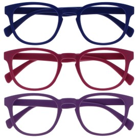 Opulize Pop Reading Glasses 3 Pack Fun Round Matt Frame Mid Blue Fuscia Pink Purple Spring Hinges Scratch Resistant Mens Womens RRR2-345 +3.50