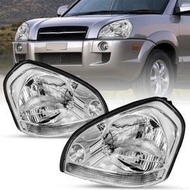SOCKIR Headlight Assembly Fit for 2005-2009 Hyundai Tucson Driver and Passenger Side, Chrome Housing with Clear Reflector
