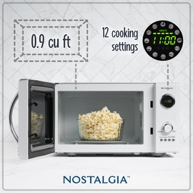 Nostalgia NRMO9WH Microwave Oven, 0.9 Cu. Ft. 800-Watts with LED Digital Display, Child Lock, Easy Clean Interior, White
