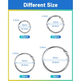 Caianwin Book Rings Set, 40 Pieces Loose Leaf Binder Rings 20/25/35/50 mm Book Binding Rings Key Rings with Metal Coating for School, Home and Office