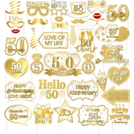36Pcs 50th Anniversary Photo Booth Props, White Gold 50th Wedding Anniversary Decorations, Happy 50th Anniversary Photo Booth Props for Men Women Cheers to 50 Years Anniversary Sign