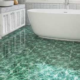 ZRJT 30-Pack 30 Sq.Ft Peel and Stick Floor Tiles Vinyl Polish Pattern Flooring, 12” x 12” Self Adhesive Vinyl Flooring DIY for Kitchen, Bathroom, Laundry, Polish Green Marble