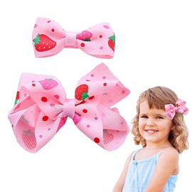 Strawberry Hair Bow Clips for Baby Girls - 2Pcs Strawberry Pink Bow Alligator Clip Grosgrain Ribbon Bow Hair Clips Girls Fruit Hair Barrettes Toddlers Hair Accessories for Infant Toddlers 2-4 Years