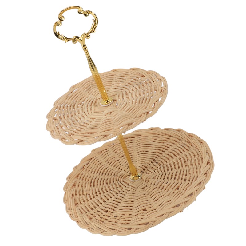 2 Tier Rattan Serving Standing Trays Round Woven Bread Fruit
