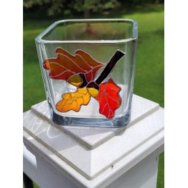 Oak Tree Leaves and Acorns Hand Painted Stained Glass Candle Holder Fall Thanksgiving Home Decor