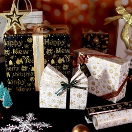 TOPTIME Christmas Wrapping Paper with Christmas Stickers,Gift Wrapping Paper Black and White Hot Stamping Wrapping Paper, Perfect for Christmas New Year-Gold Stamping Snowflake Gift Box, 6 PCS,70x50CM