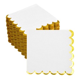 200 Pack White and Gold Paper Napkins Scalloped Cocktail Napkins White Disposable Beverage Napkins for Birthday Baby Shower Wedding Party Supplies Dinnerware Tableware Decorations