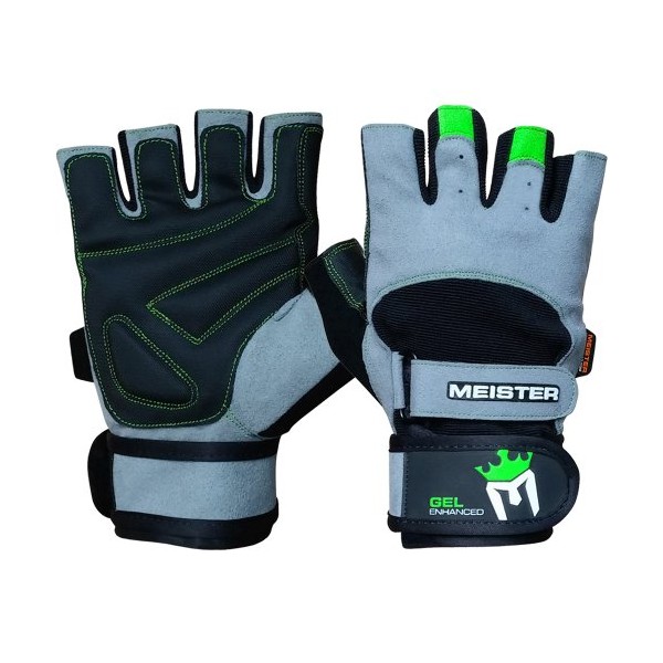 Meister Wrist Wrap Weight Lifting Gloves w/Gel Padding - Gray/Neon Green - Medium