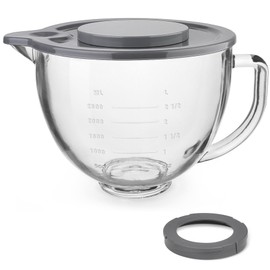 Glass Mixing Bowl Accessory 5 Quart - Compatible with KitchenAid 4.5 and 5 Quart Tilt-Head Stand Mixers (With Lid & Lock Ring)
