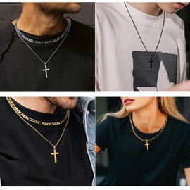 RAQINSTL Men's Cross Necklace with 2 Pieces Cross Pendant Stainless Steel Cross Chain Men Silver Gold Black Cross Necklace Women 16-24 Inch Chain Jewellery Gift, Stainless Steel, No Gemstone