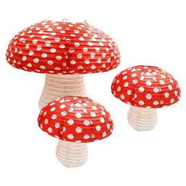 3Pcs Large Mushroom Shaped Paper Lanterns for Forest Jungle Wonderland Theme Birthday Party Decor Hanging 3D Mushroom Ornament Backdrop for Fairy Baby Shower Nursery Garden Wedding Decoration