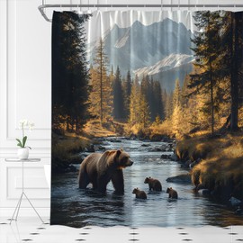 Forest Bear Shower Curtain Rustic Cabin Wildlife Misty Mountains Pine Tree Stream River Rock Natural Landscape Fabric Bathroom Decor Set,70x70 inch