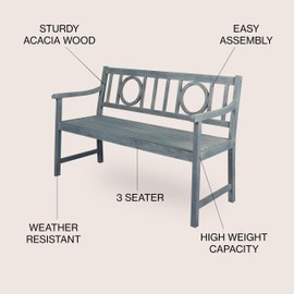 JONATHAN Y BNH104B Apollo 51.2" 3-Seat Circle-Back 600-Lbs Support Acacia Wood Outdoor Garden Patio Bench for Garden, Lawn, Backyard, Pool, Deck, Beach, Firepit, Gray