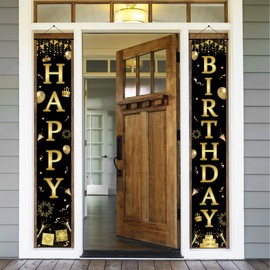 Happy Birthday Banner, Black and Gold Birthday Decorations Door Banner Happy Birthday Porch Sign for Men Women Boys Girls Birthday Party Favor Door Decorations 70.9x11.8 Inch