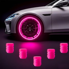 Glow in The Dark Tire Valve Stem Caps, 5 Pack Luminous Tire Valve Stem Caps, Fluorescent Car Tire Pressure Caps, Universal for Cars, Trucks, SUVs, Motorcycles, Bikes (Pink)