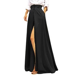 Rooscier Women's Split High Waist Flared A Line Button Down Vintage Pockets Maxi Skirt Pure Black XX-Large