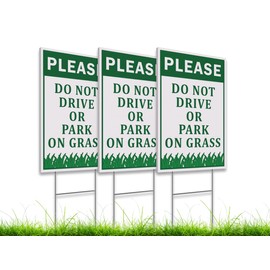 3X Please Do Not Drive Or Park On Grass Signs with Stakes - Plastic Street, Road Private Property No Parking Sign - 12x8 Inch Yard Lawn Stay Off Grass Signs with Stake - Please Keep Off The Grass Sign