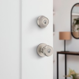 Kwikset Maven Front Door Lock Handle and Deadbolt Set, Entry Handleset Round Exterior with Interior Door Knob, Secure Locking Deadbolt, Satin Nickel, with Microban Protection