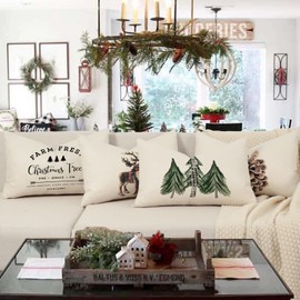 ZWJD Christmas Decor Christmas Cushion Covers 40x60 cm, Set of 4 Beige Decorative Pillow Cases Winter Xmas Cushions for Festive Decoration on Living Room, Couch or Bedroom